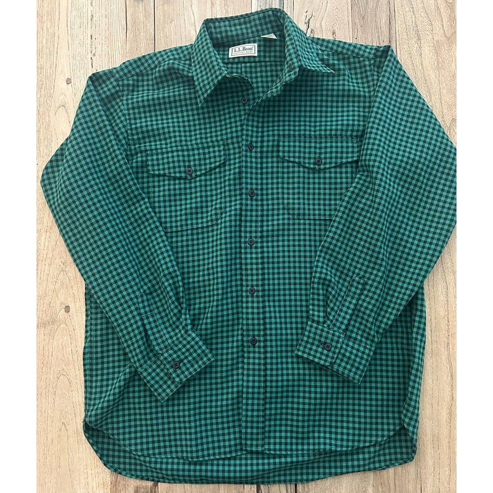 Vtg LL Bean Shirt Mens L Green Gingham Plaid Flannel USA Gorp Layering Outdoors